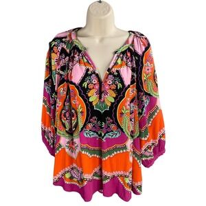 Rachel Zoe Top 2X Floral Paisley Boho Dark Cottage Peasant Relaxed Fit